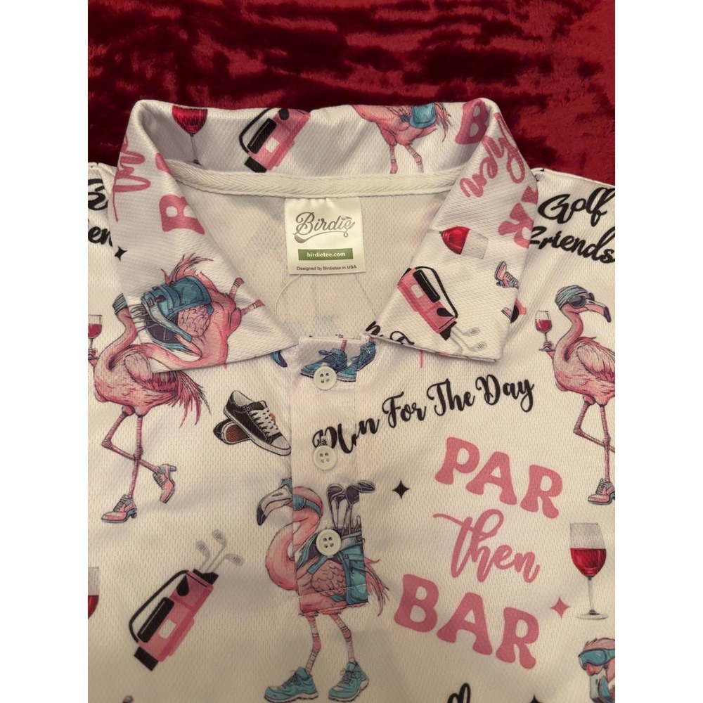 Birdie Golf Flamingo Par Then Bar Polo Shirt Mens White Pink Funny Golfing Tee